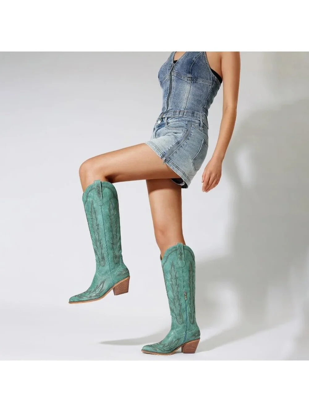 Women's Teal Embroidered Pull On Casual Mid Heel Round Toe Cowgirl Boots - Picture 7 of 7